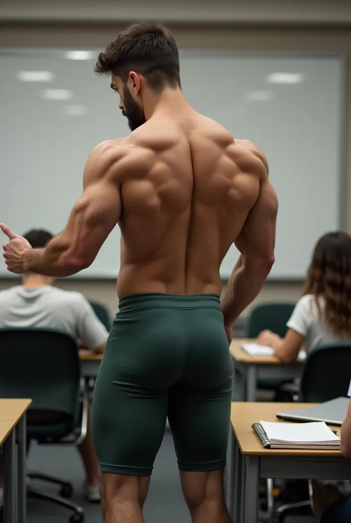 "A highly detailed image of a 31-year-old male university professor with a fit, muscular, and athletic physique, standing in front of a classroom. His body is well-defined, with a sculpted chest, toned tummy, and strong arms that showcase his dedication to...