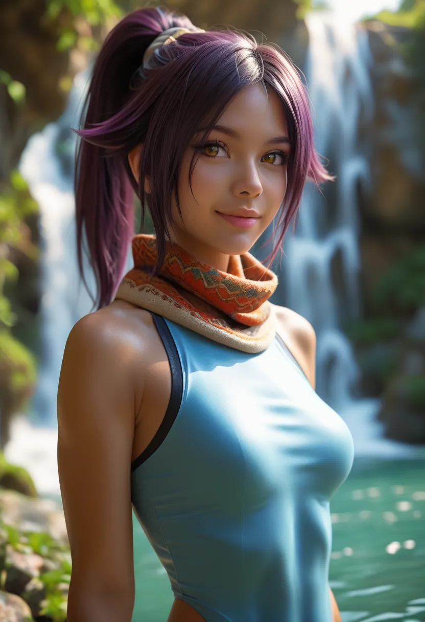 score_9, score_8_up, score_7_up, Western Comics, Portrait, Shihouin Yoruichi, cute, seductive, innocent, light smile:0.3, plump lips, slender body, cute dark skin, ponytail, leotard, scarf, waterfalls background, depth of field, dynamic angle, fashion phot...