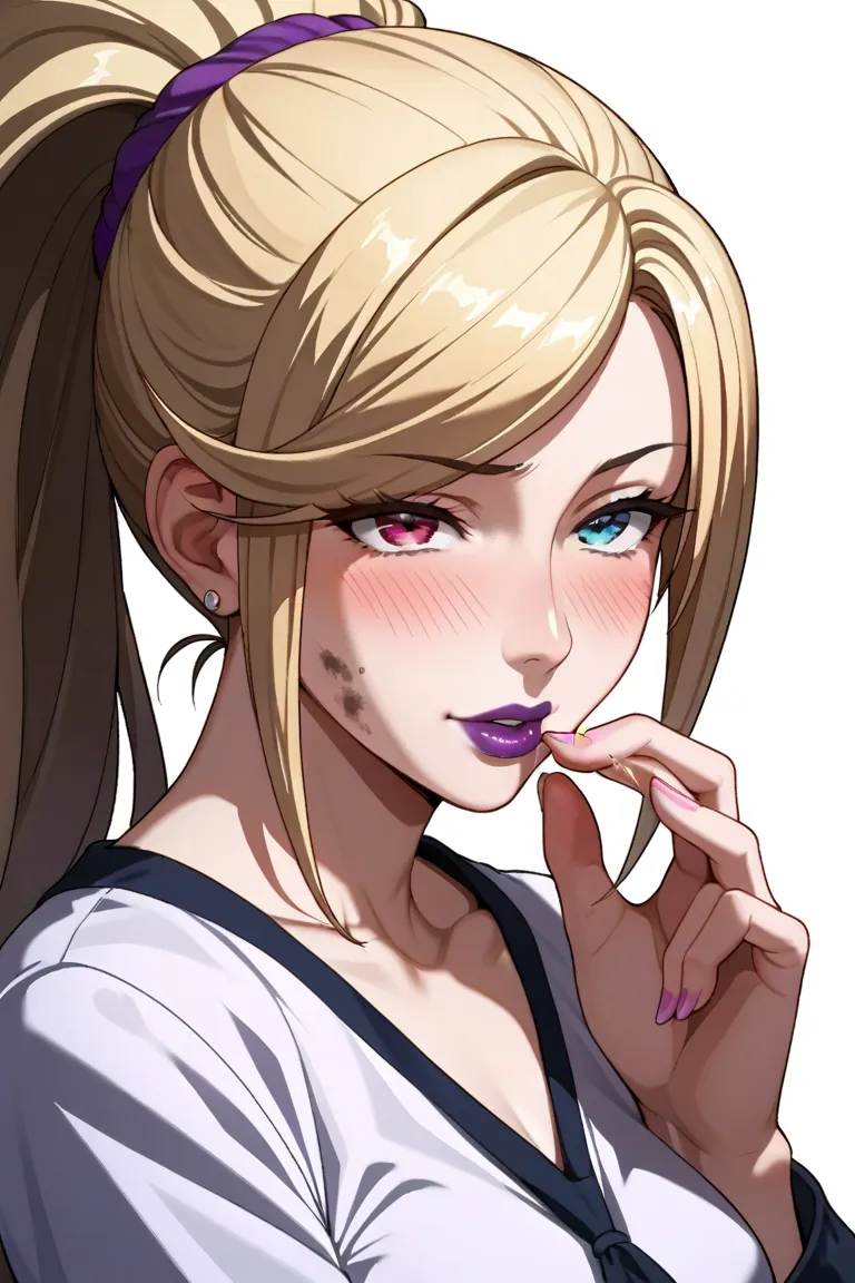 masterpiece,Highest quality,hirudasama,(((40 years old))),(( aunt)), anime,2020s,heterochromia, redeyes,blackeyes,((Purple lips)),blonde hair, very long ponytail,torogao,(((panting))),blush,(((dirty))),school,hand in own panties,embarrassed,heavy breathing