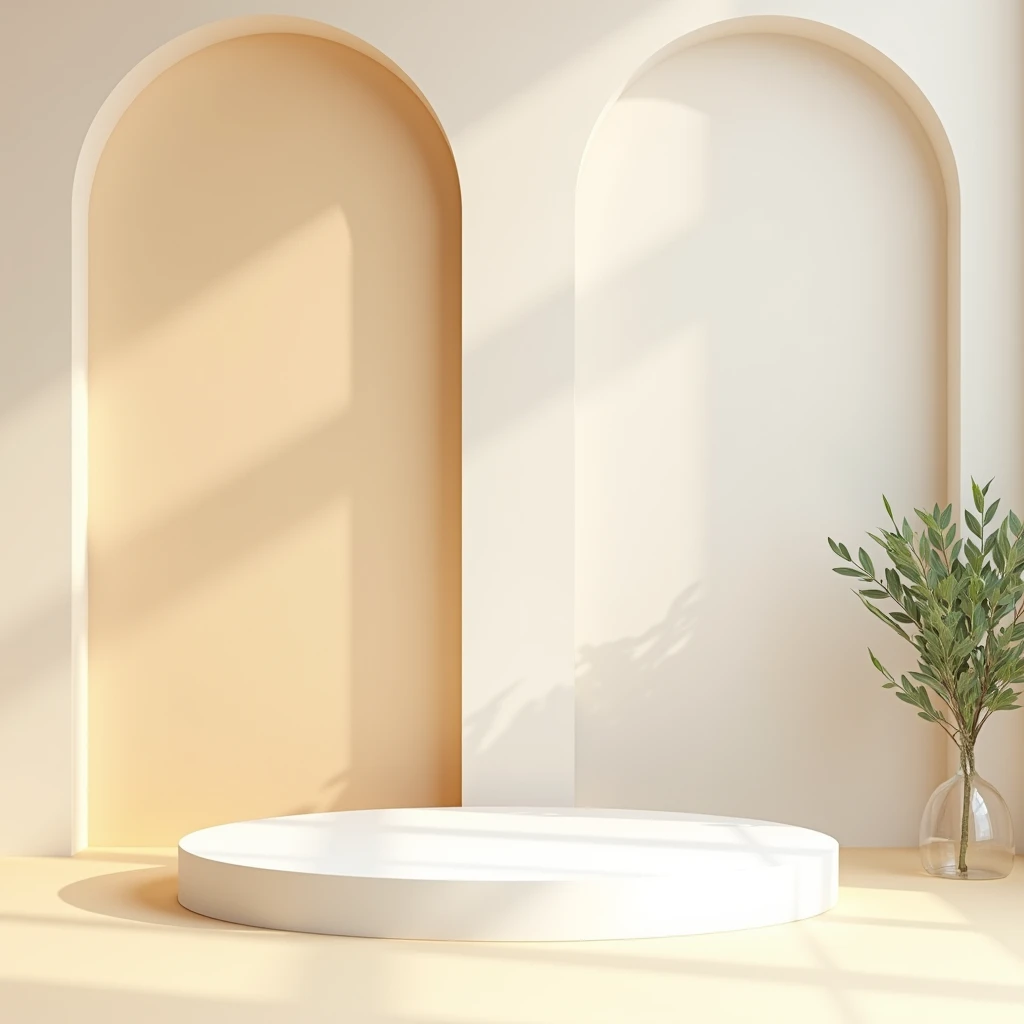 "Design a soft, minimalist product display scene featuring a simple white circular podium against a warm beige and white background. Incorporate an elegant arched architectural element and a delicate green plant for a natural touch. Ensure a harmonious bal...