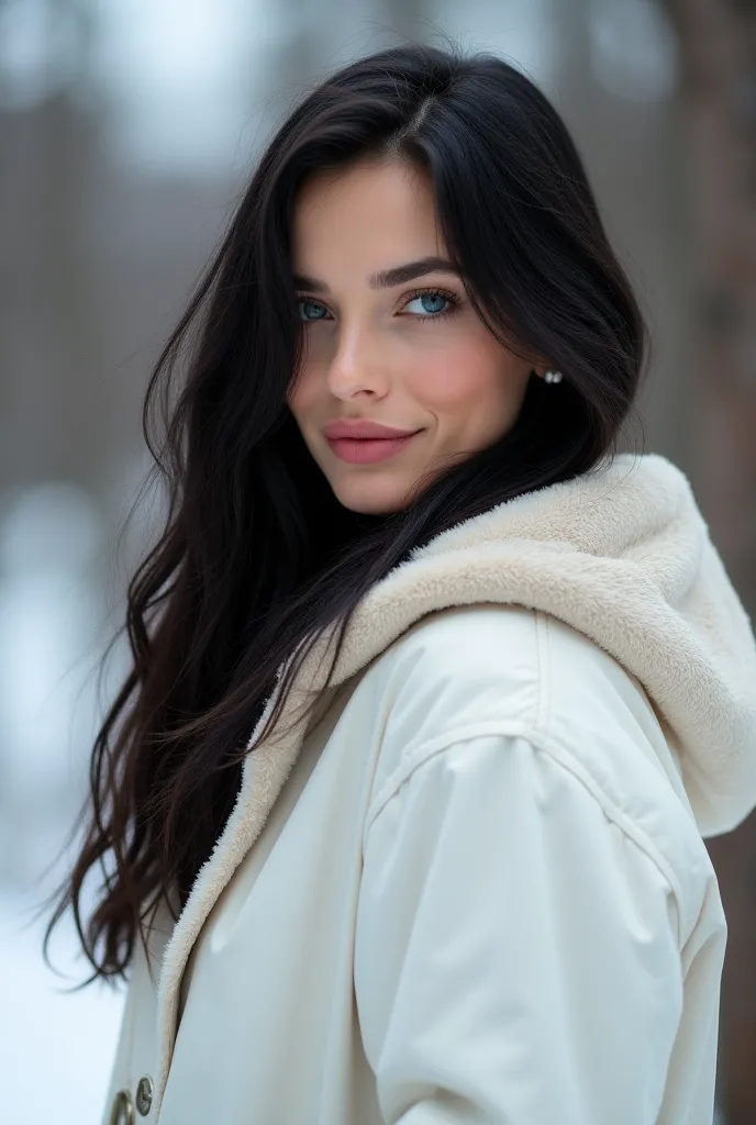 Create a stunning Russian model with long, dark black hair and striking blue eyes. Her skin tone is fair with a subtle, radiant glow. She has high cheekbones, full lips, and a confident yet mysterious expression. The setting is a outdoor pose of the mode a...