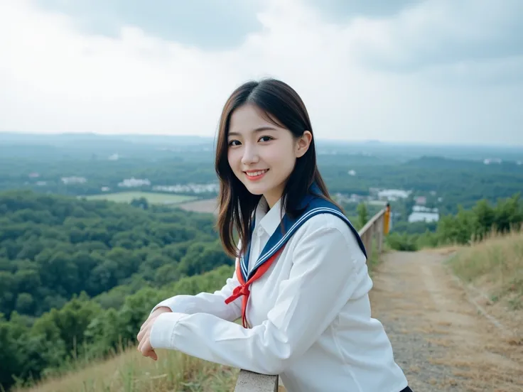 High school rooftop on a hill。A natural landscape spreads out in the distance。A high school girl in uniform、She's leaning against the fence and smiling。 in its entirety。Photo style。best image quality。
