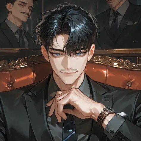 4k , 8k , (1 old man short black hair dark blue eyes) , short hair style , ((no hair bang)) , office environment , novel , manhwa , handsome man , very details , good focus , hair details ,ตรงตามกายวิภาคมนุษย์ ,ร่างกายสมส่วน , half body focus , close up sh...