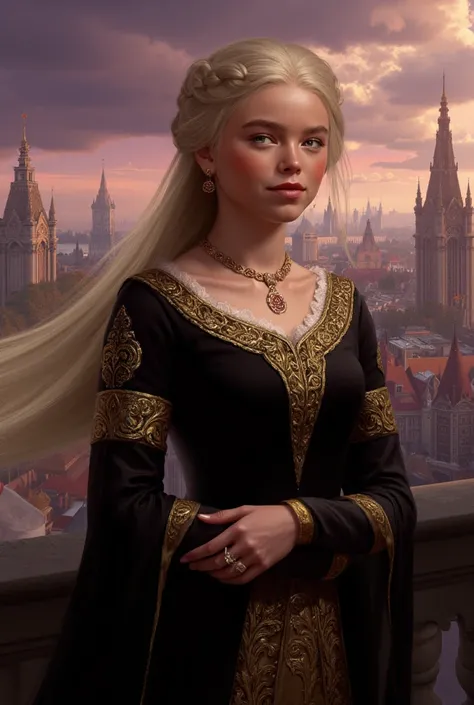 Milly Alcock,gold blonde braid, black  leyndllian noble dress with gold lined details,in the background the city of Leyndell 