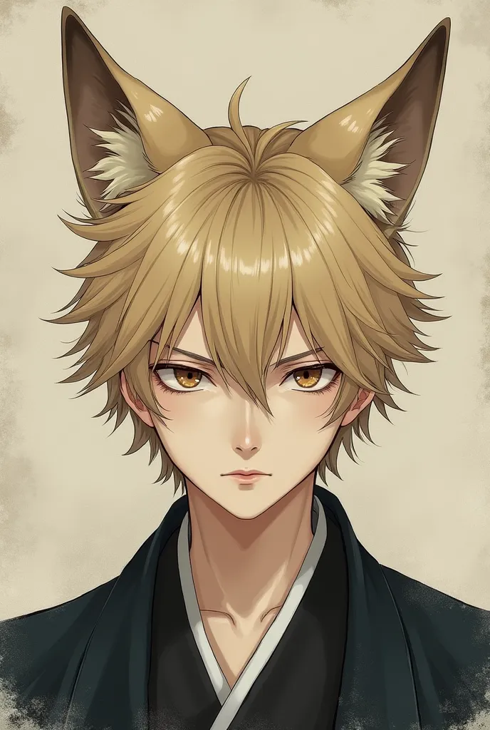 Japanese man with fox ears, blonde short hair with bangs, mature but young, serious