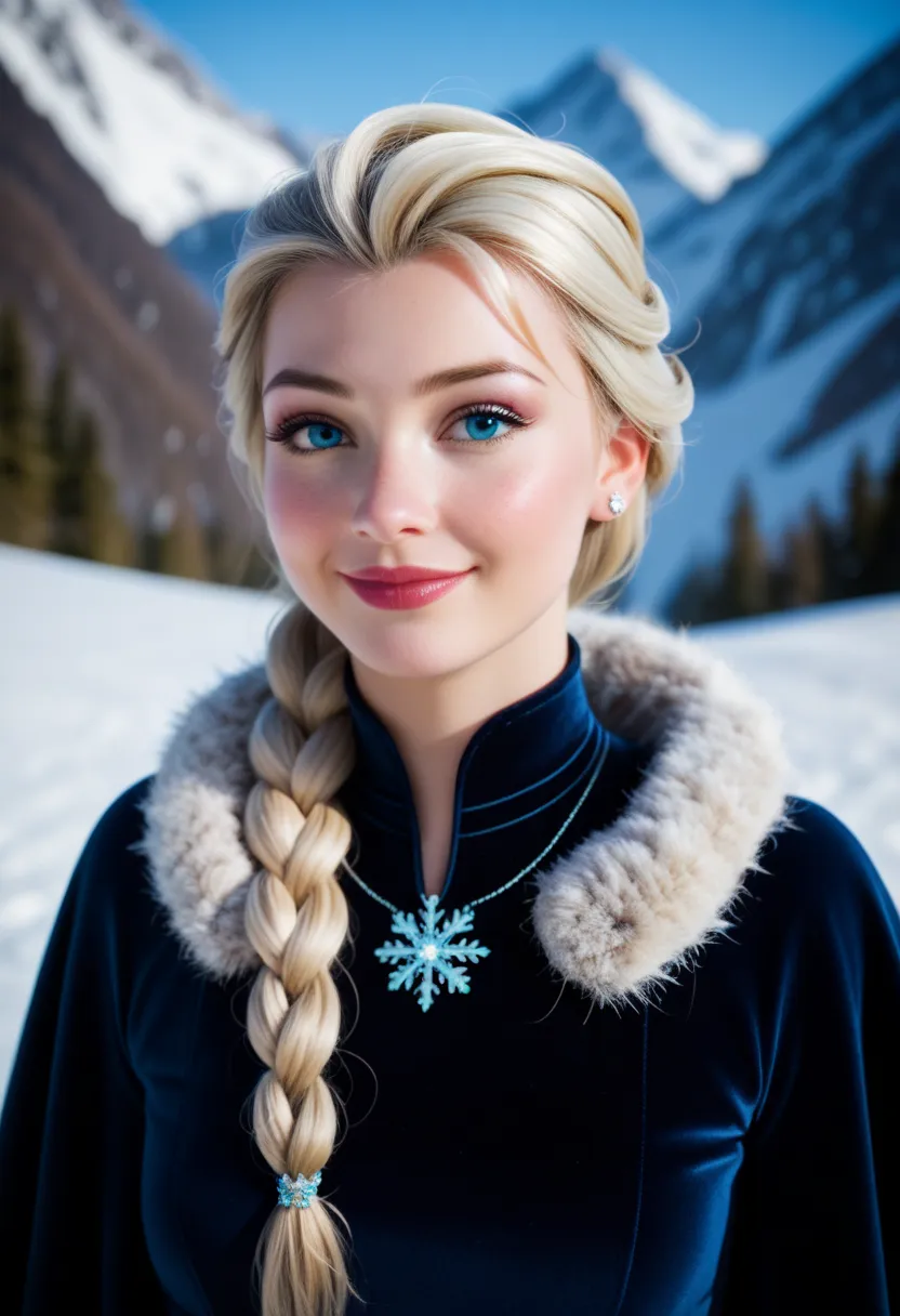 score_9, score_8_up, score_7_up, Western Comics, Portrait, Elsa of Arendelle, cute, seductive, innocent, light smile:0.3, plump lips, slender body, dark cape, dark dress, fur trim, single braid, snowflake pattern, snowy mountain background, depth of field,...