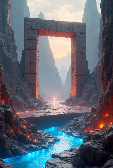 A stunning fantasy landscape featuring massive, otherworldly rock formations with intricate patterns, glowing blue veins, and warm orange and red hues. A vibrant river of energy flows through the foreground, reflecting the sky's ethereal glow. The backgrou...