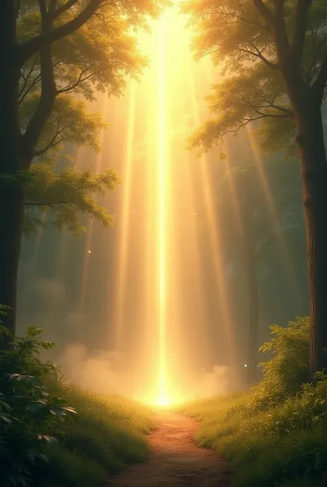 "A glowing light shining down from the sky, symbolizing divine protection and peace, with a calm forest in the background."
