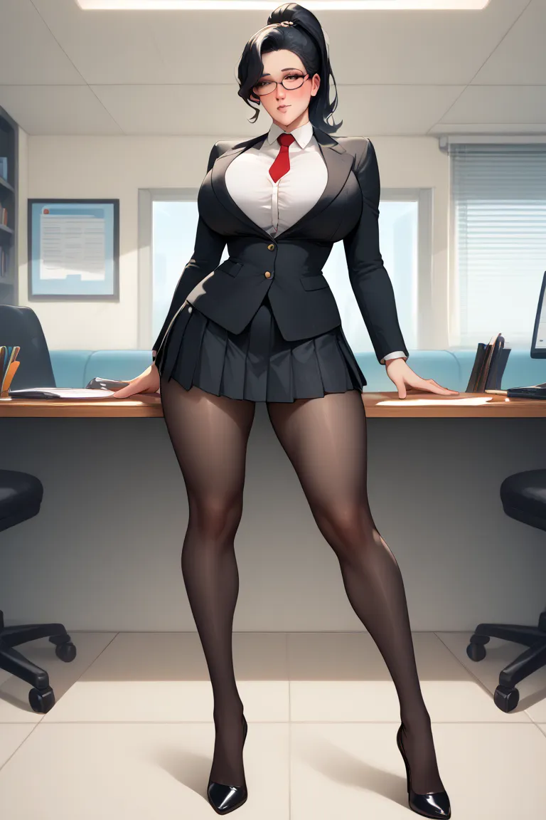 A 39 year old woman , full body image, tied black hair ponytail style, Big breasts ,  long legs,big thighs,  black suit, pleated black miniskirt, black tights, black heels pose sexy , Looking at the spectator, is standing inside an office, blush,She is ver...