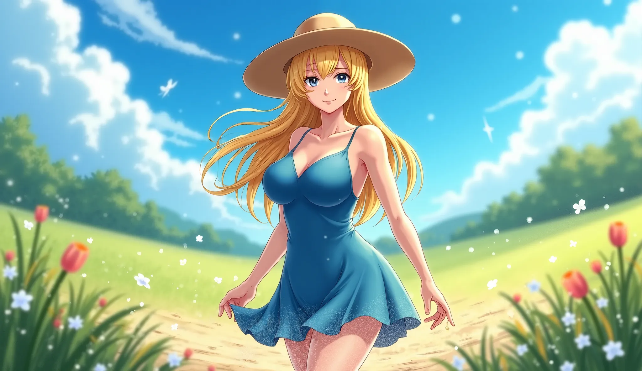 Beautiful Anime girl with big breasts long yellow silky hair in a panama in a blue dress in a field of silt in sunny weather 