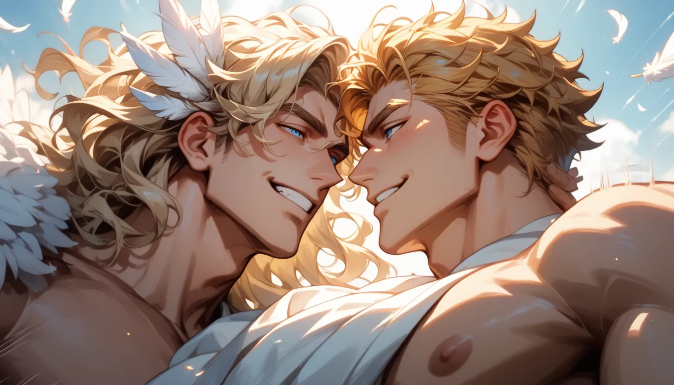 score_9, score_8_up, score_7_up, score_6_up, single focus, 1male, expressive half slit foxy eyes, passionate smile, masculine pose, (motion lines=1.2), handsome,  dilf, blonde hair, wavy hair, white toga, stola, white feathers in hair, blue eyes, muscular,...