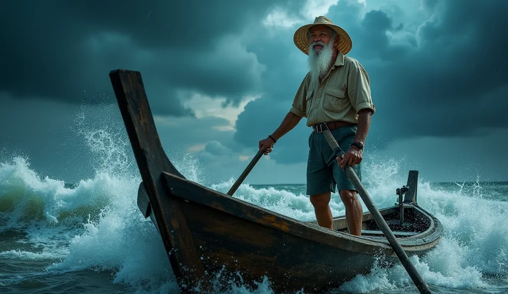 An elderly Indonesian man stands confidently at the bow of a traditional wooden boat, which is caught in a dramatic storm at sea. He is gripping an oar with determination while facing towering waves and strong winds. The scene is set during a violent thund...