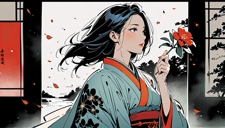 Masterpiece, detailed, Ink Painting, Beautiful Japanese Woman, mature, Delicate and precise, Modern ukiyo-e style, miko outfit, detached sleeves, blowing flower petals with one hand