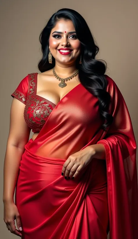 A Indian plus size women wears a red bra  low cut bra and saree , bra full visible and navel 8k photo 