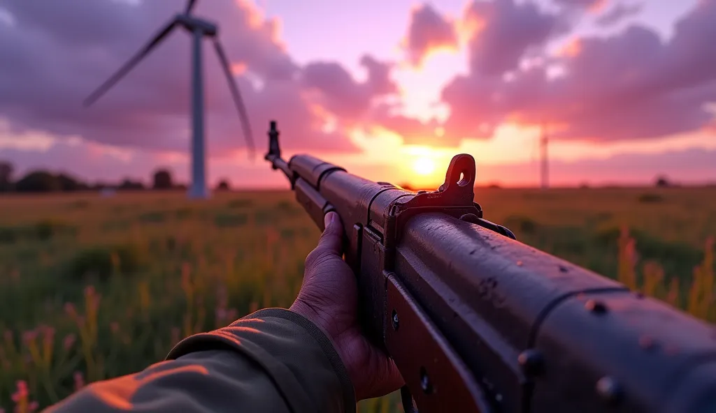 A first-person perspective of an old assault rifle from World War, held by a soldier in a dirty and blood glows hand, The background shows gorgeous morning with purple clouds and green grass ground with windmills , I Need attractive picture for the youtube...