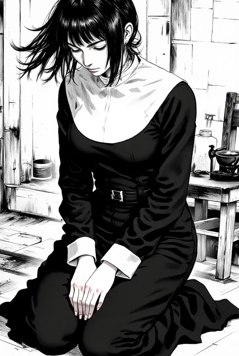 A nun is kneeling,  one of her legs kneeling and the other serving as support, (short black hair)  Nun's clothing,(black and white manga art style)