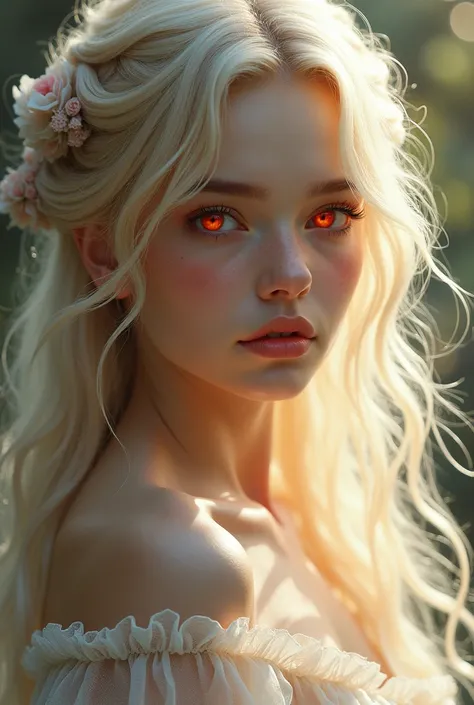 A girl with Her hair is blonde and fair skin White and red eyes and she is very very beautiful