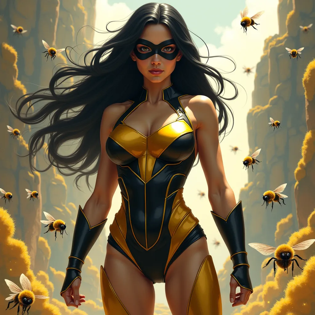 Woman with long and black hair she is dressing up as a superhero with superpowers and bees everywhere 
