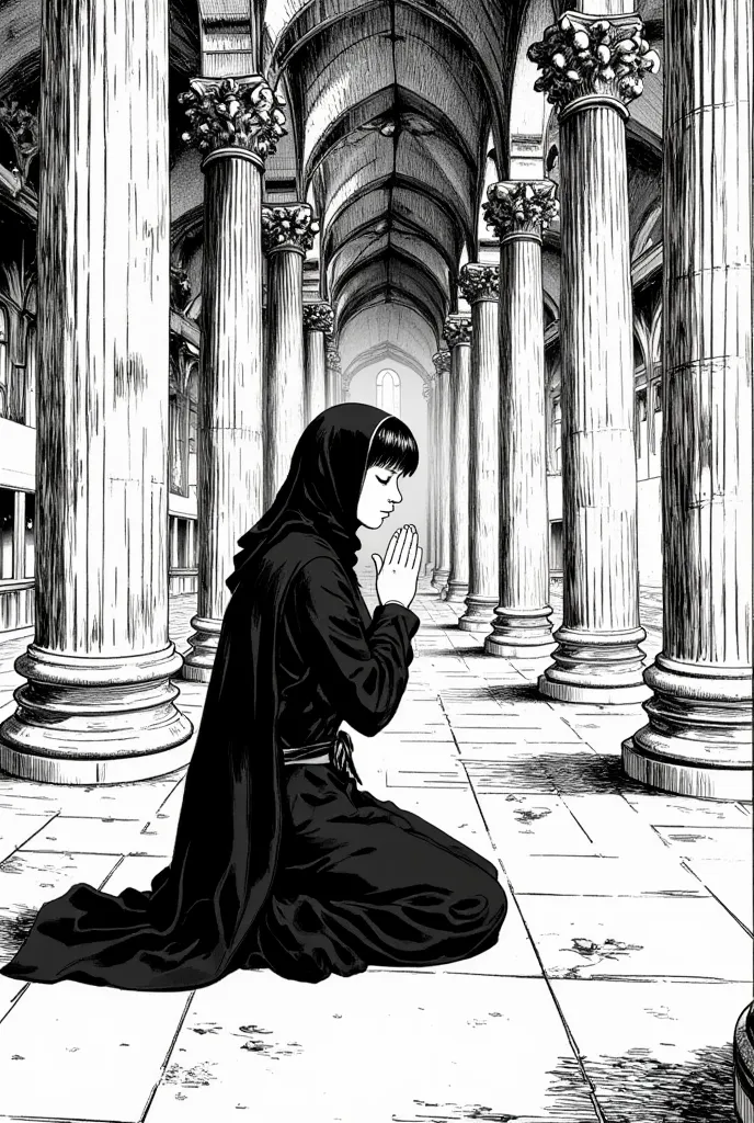 A nun is kneeling,  one of her legs kneeling and the other serving as support, (short black hair)  Nun's clothing, She's in a cathedral, (black and white manga art style)