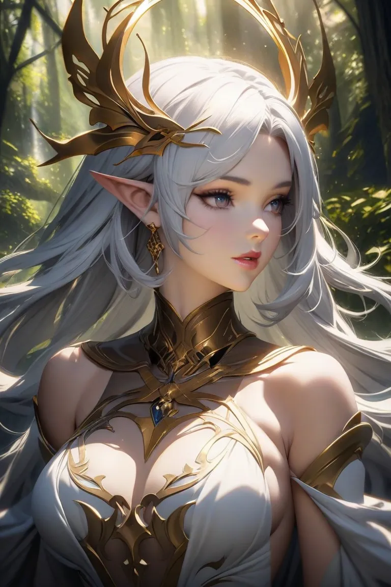 White long hair， beauty， mature，sexy， Dark Elf , beautiful breast, 2D Anime