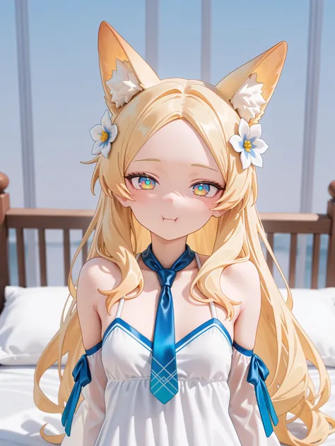 1 girl, ( Blue Archief :1.1), 
 until , 
Animal ears,  alone,  blonde hair , radius,  long hair, Watch the audience, Fox's Ears, ขนปุยAnimal ears, Dress, necktie, white Dress, forehead,  with your mouth shut , hair accessories, yellow radius, upper body, h...