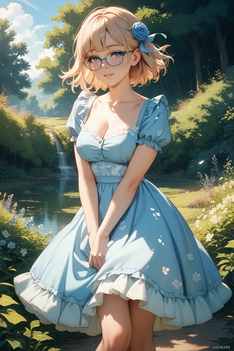 girl wearing glasses in a light blue dress