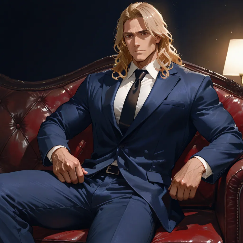 Make A Man Biologically Masculine, high, blonde, with brown eyes,  sitting on a black couch , man wearing a dark blue suit and pants