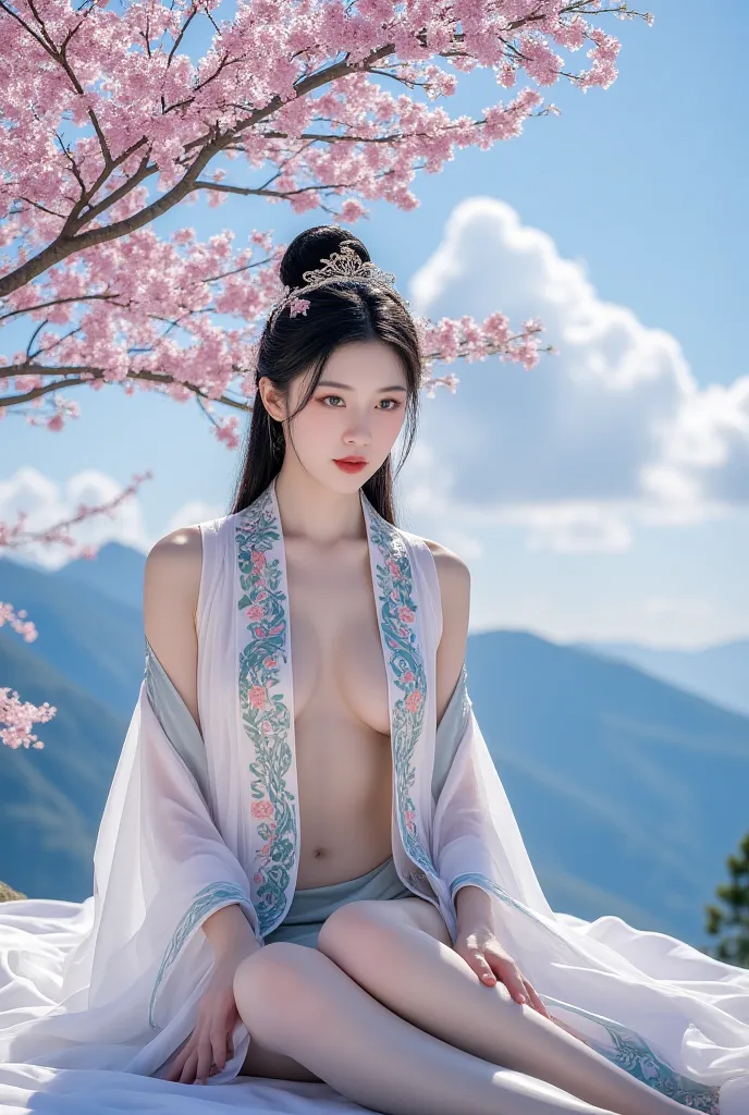 blue sky and white clouds，  mountains in the distance  ，Pink flowers at，Cherry tree，Woman wearing Hanfu costume,Phoenix Crown、Meticulous embroidery、 Wear Hanfu stockings 、Wearing a sleeveless Hanfu outfit、 Clear underwear clearly visible 、 See panties and ...