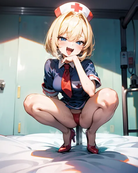 blonde bob hair blue eyed girl、hair between eyes、orange bikini and white nurse shirt、Are you wearing high heels、Dynamic squat poses in a hospital operating room、depth of field、 blushes、、 petite and slender body、 normal breasts 、sweaty skin、rough breathing,...