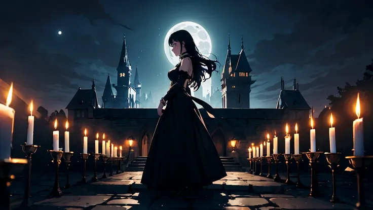 ((1 girl)), long black hair,  CHOKER COLOR , bracelet,  long black dress, standing, Gothic Castle,  arch,  night ,  night time, One Moon, moonlight, Candles, Candlelight, Dramatic Lighting, cinematic lighting with heart on the left,  Darkness、Magical Ritua...