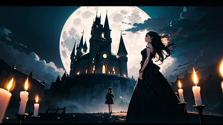 ((1 girl)), long black hair,  CHOKER COLOR , bracelet,  long black dress, standing, Gothic Castle,  arch,  night ,  night time, One Moon, moonlight, Candles, Candlelight, Dramatic Lighting, cinematic lighting with heart on the left,  Darkness、Magical Ritua...