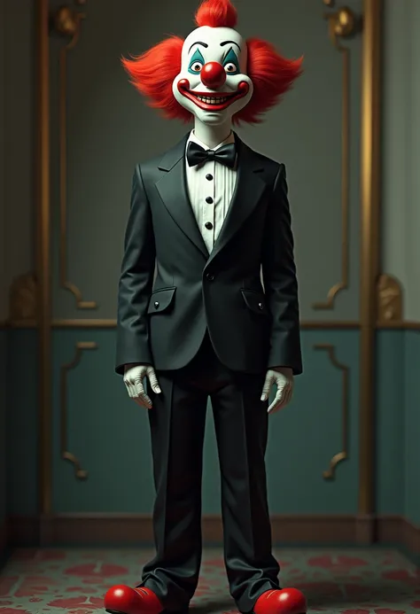 A clown wearing a tuxedo