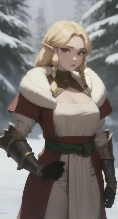 Dinosaur era, Prehistoric Hylian, Devine princess, Hylia, blonde, red eyes, bandit braids, looking at viewer, long messy hair, prehistoric Hyrule, lore accurate prehistoric fur armor, fur loincloth, winter armor,