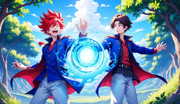 Anime illustration in a vibrant style, two young men in blue jackets with red lining standing against a background of blue sky and green trees. One character with messy red hair is laughing and creating a glowing blue magical shield or portal with his hand...