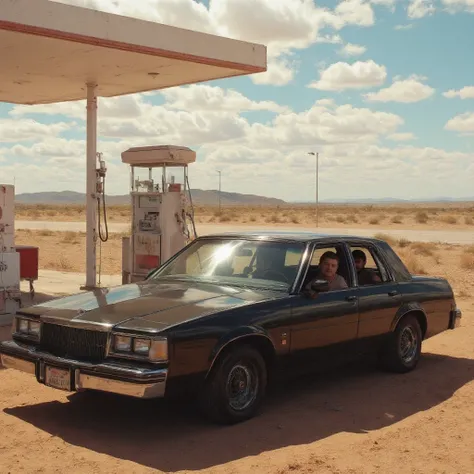 A black 1984 Chevrolet Caprice sedan with four men inside is parked near a gas pump at empty  gas station  on a desert highway on hot sunny day