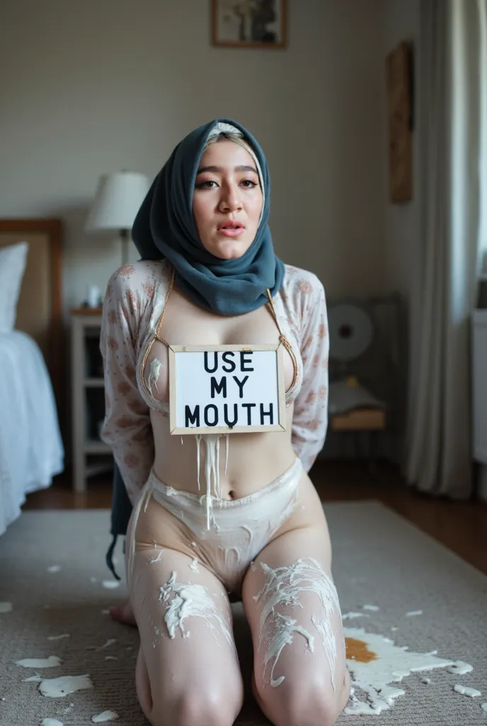 A gorgeous, slender, buxom, 16-year-old woman who bears dressed in a hijab kneeling on the floor with her arms behind her back. Lots of cleavage and leg visible. She has a confused, shocked, dismayed, and betrayed expression. Eyes = blue, wide, dilated pup...