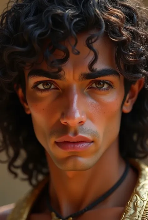 Create a realistic ancient Egyptian man, with wavy curly brown - black hair, thick eyebrows, lustrous brown eyes with lots of eyelashes, a characteristic beautiful bony nose, nude rose pink full lips