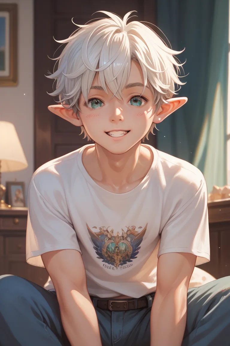 nice guy,  white , short hair, two different eye colors,  very cute,  smiles,  Masterpiece , Точность, Best quality, anime style,  boy, elf,  detailed , without unnecessary mistakes, in a different position
