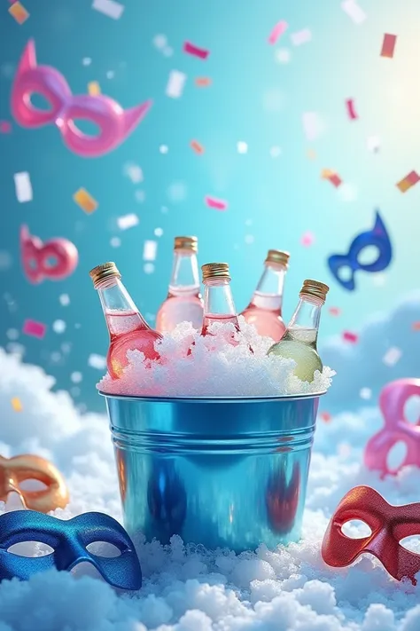 Background with shades of blue and white to give the feeling of ice and freshness.
	• Carnival elements, like confetti and masks , to bring the festive mood.
	• An ice bucket with drinks to illustrate the service.
 Text on card :
“Carnival with guaranteed ...