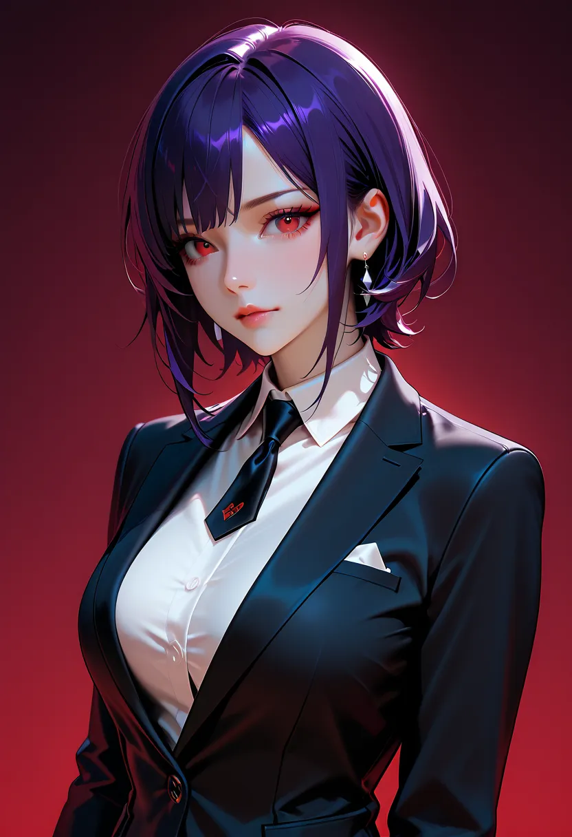 A woman with long, purple hair, red eyes, a beautiful face, and dressed in a black suit.