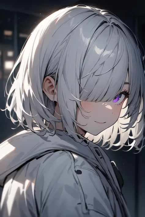 ((best quality)), ((masterpiece)), (detailed), 1girl, Neutral, white hair, white Parka, upper body,looking viewer,purple eyes,dark room,front,hair over one eye,blunt bangs, short hair,messy hair,(smile:0.7),short bobcut