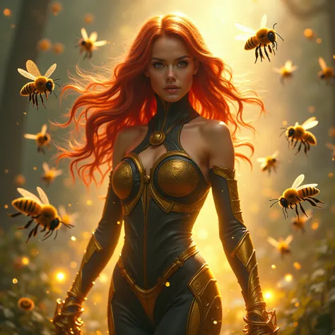 Woman with long and red hair she is dressed up as a superhero with superpowers and bees everywhere 
