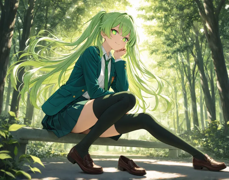 Design a captivating, high-resolution anime-style character in a horizontal composition perfect for computer wallpaper. The character exudes grace and confidence with expressive eyes and flowing hair, set in a harmonious green color palette that blends ric...