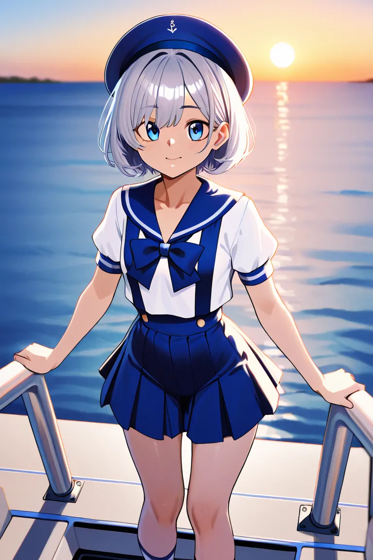  girls on the left　sailor suit　Gray Hair　High Speed Rescue Boat　Ship Personalization　2D illustration 　hat　Hayabusa type