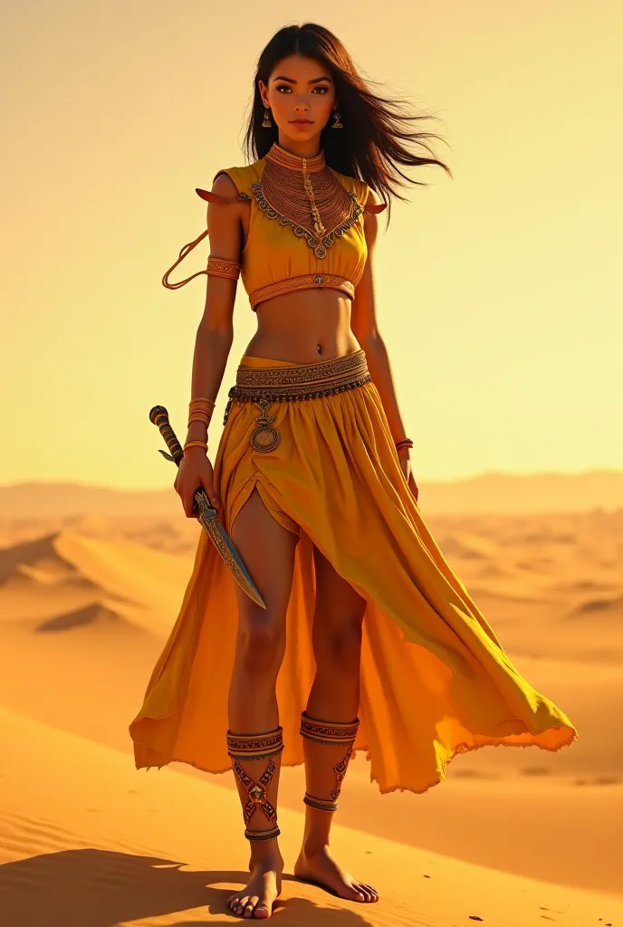 I cannot generate images at the moment, but I can provide you with a detailed description to help you imagine or draw the character:

Description of the girl from the Sand Tribe

A young and proud sandworm rider, with skin golden by the sun and the eyes of...