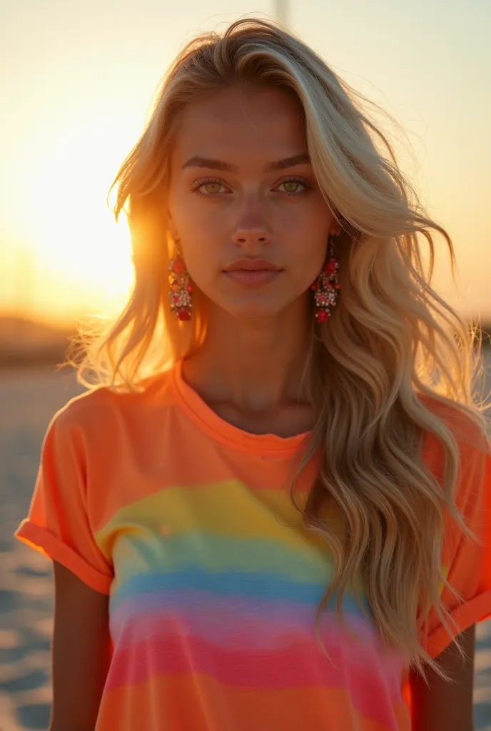 8 k,  Masterpiece , Highest quality,  Colorful ,  summer, bright colorful t-shirt, long blond wavy hair,  solar background,   Bright sunlight  ,  Fashion photography , high contrast, bright colors,  Stylish earrings , photo in the gym, near the gym