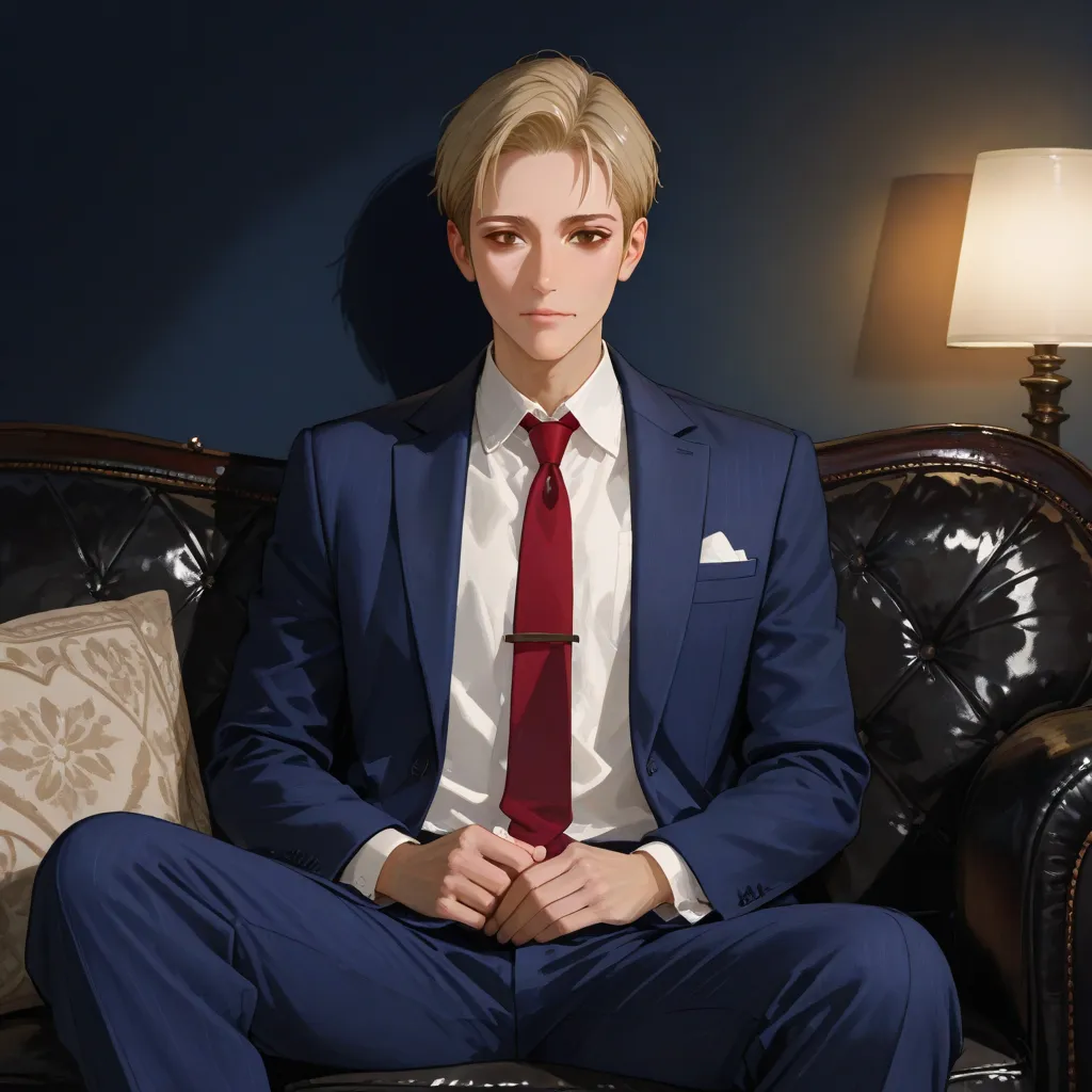 A male male, of short hair style, above the ear ,high, blonde, thin,with brown eyes, In a suit sitting on a black couch