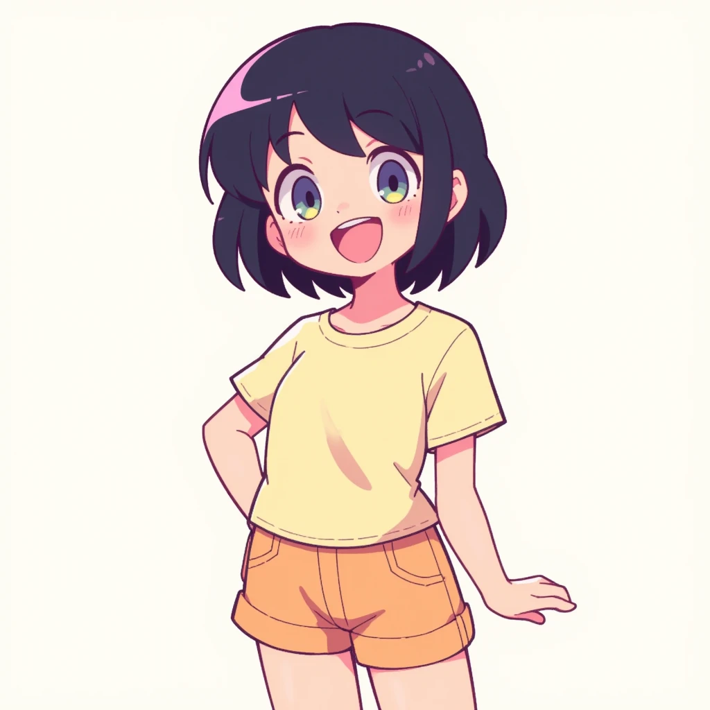 girl in short sleeve shorts、short hair、 black hair、smile、 Cartoon Designs 、simple illustration、detailed illustration、Thick Line、 Clear Lines 、Clear Colours 、