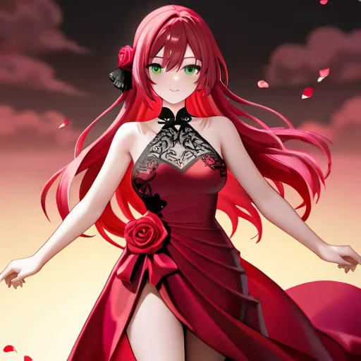 Red-haired anime girl with green eyes wearing a rose-shaped red anime dress 