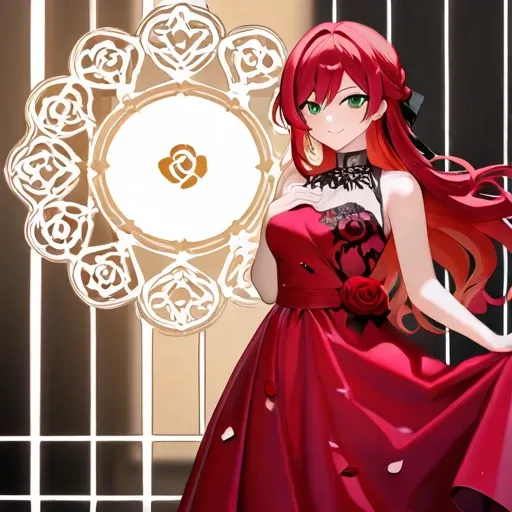 Red-haired anime girl with green eyes wearing a rose-shaped red anime dress 